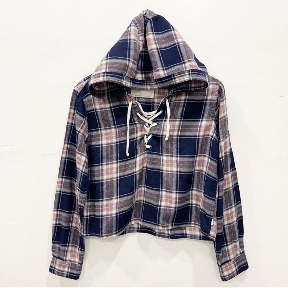Garage - Plaid Lace-Up Cropped Hooded Pullover Sweatshirt